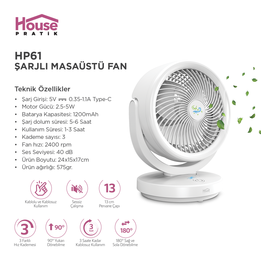 HP61 Şarjlı Masaüstü Fan - 4