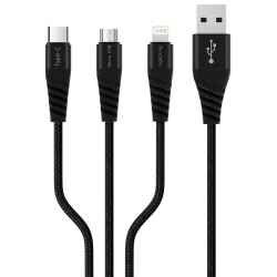 Polosmart PBS412 Type-C Micro USB Lightning Çıkışlı 3 in 1 Şarj Kablosu 1.2 Metre Siyah - 1