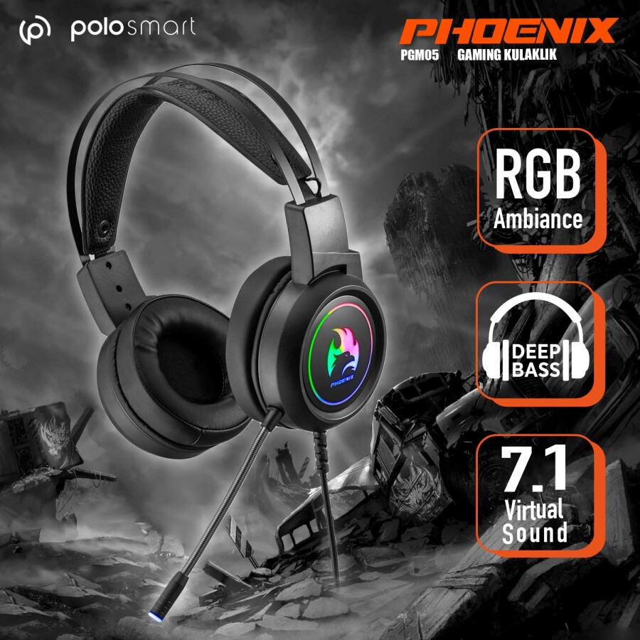 Polosmart PGM05 Phoenix 7.1 Gaming Kablolu Kulaküstü Kulaklık Siyah - 4