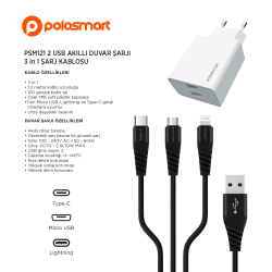  Polosmart PSM121 2 USB Akıllı Duvar Şarjı ve 3 in 1 Şarj Kablosu - 3