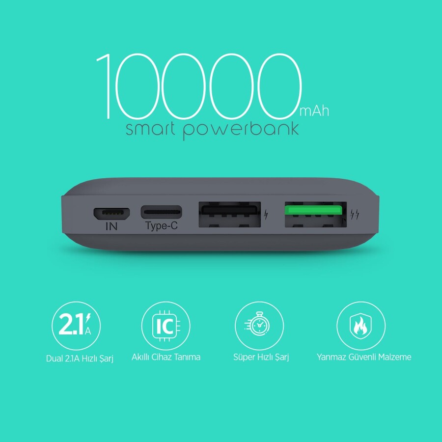 Polosmart PSM71 Micro USB + Type C Girişli 10.000 Mah Powerbank - 3