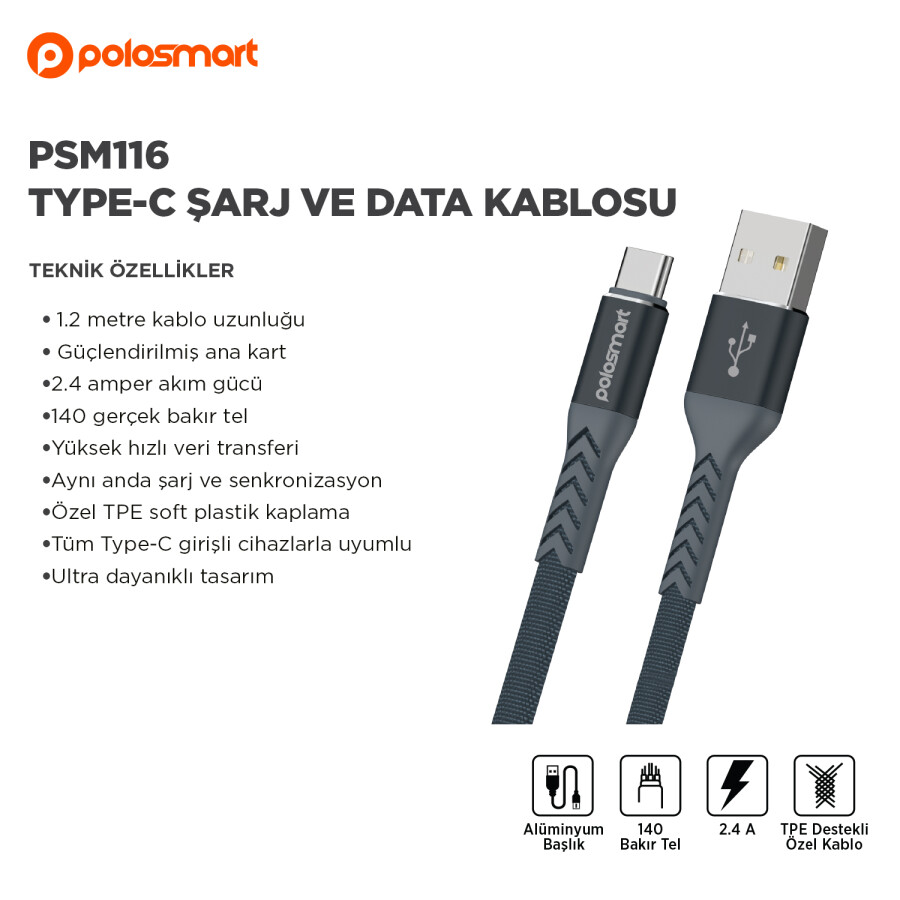 PSM116 TYPE-C ŞARJ VE DATA KABLOSU - 2