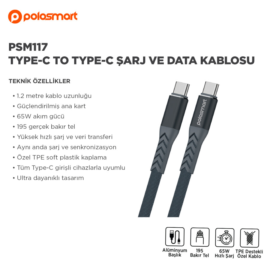 PSM117 TYPE-C TO TYPE-C ŞARJ VE DATA KABLOSU - 2