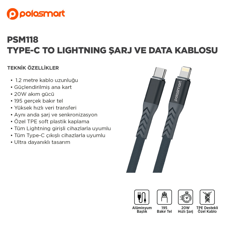 PSM118 TYPE-C TO LIGHTNING ŞARJ VE DATA KABLOSU - 2